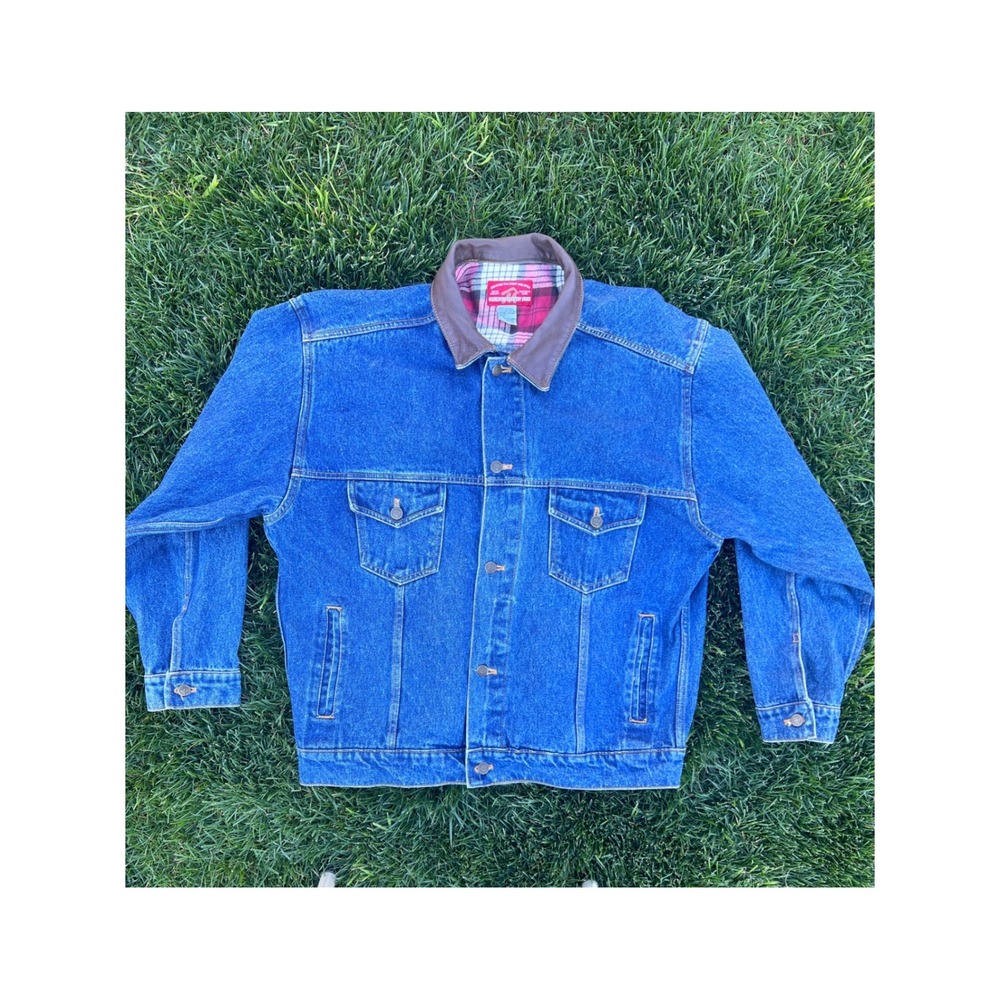 Marlboro Country Store Denim Jacket Blue Flannel Lined Leather Collar MCS 273 XL